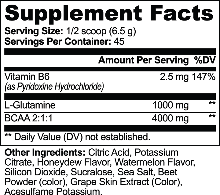 Supplement Facts and ingredients label for FIT APE Honeydew Watermelon BCAA Post Workout Powder