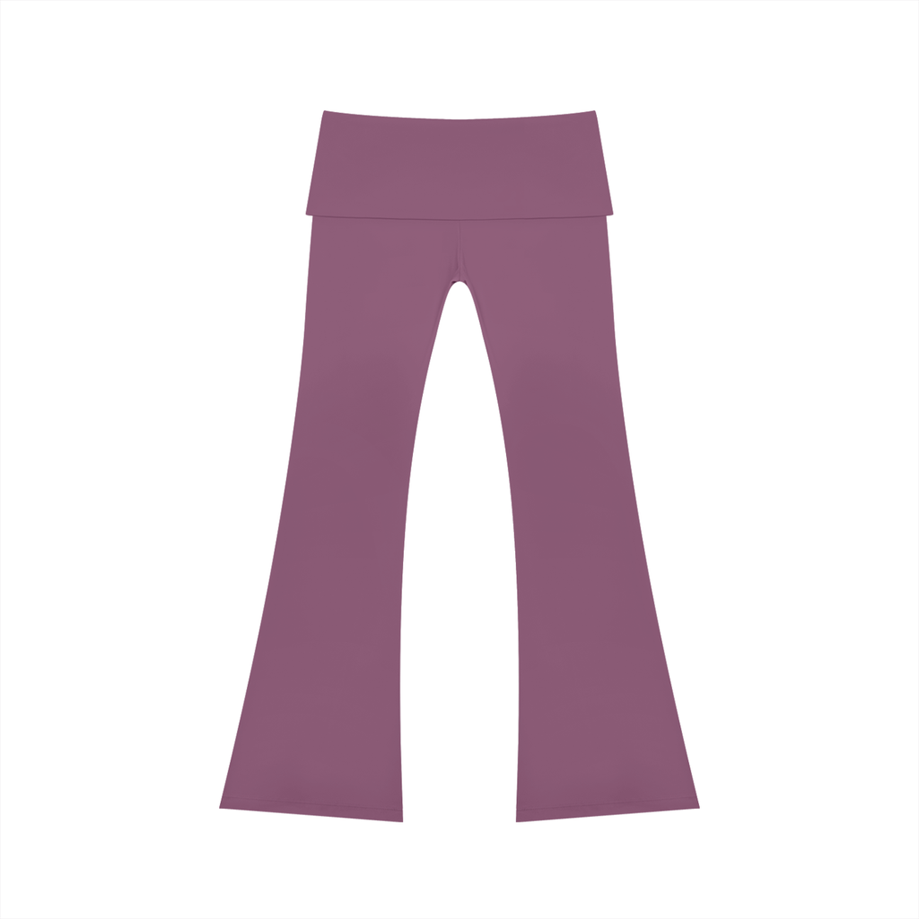 Mauve FIT APE flared yoga pants with fold-over waistband, back view