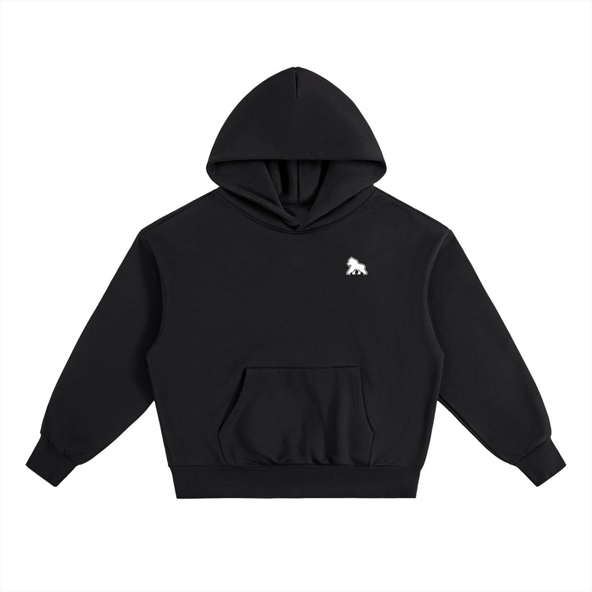 Black FIT APE men's fleece pullover hoodie with white chest gorilla, front view