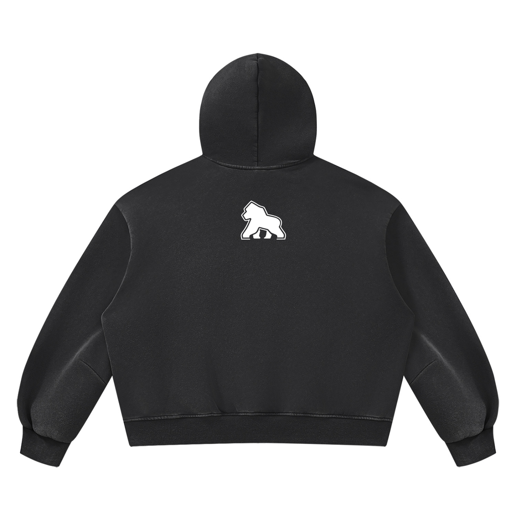 Black FIT APE vintage-wash boxy hoodie with white gorilla, back view