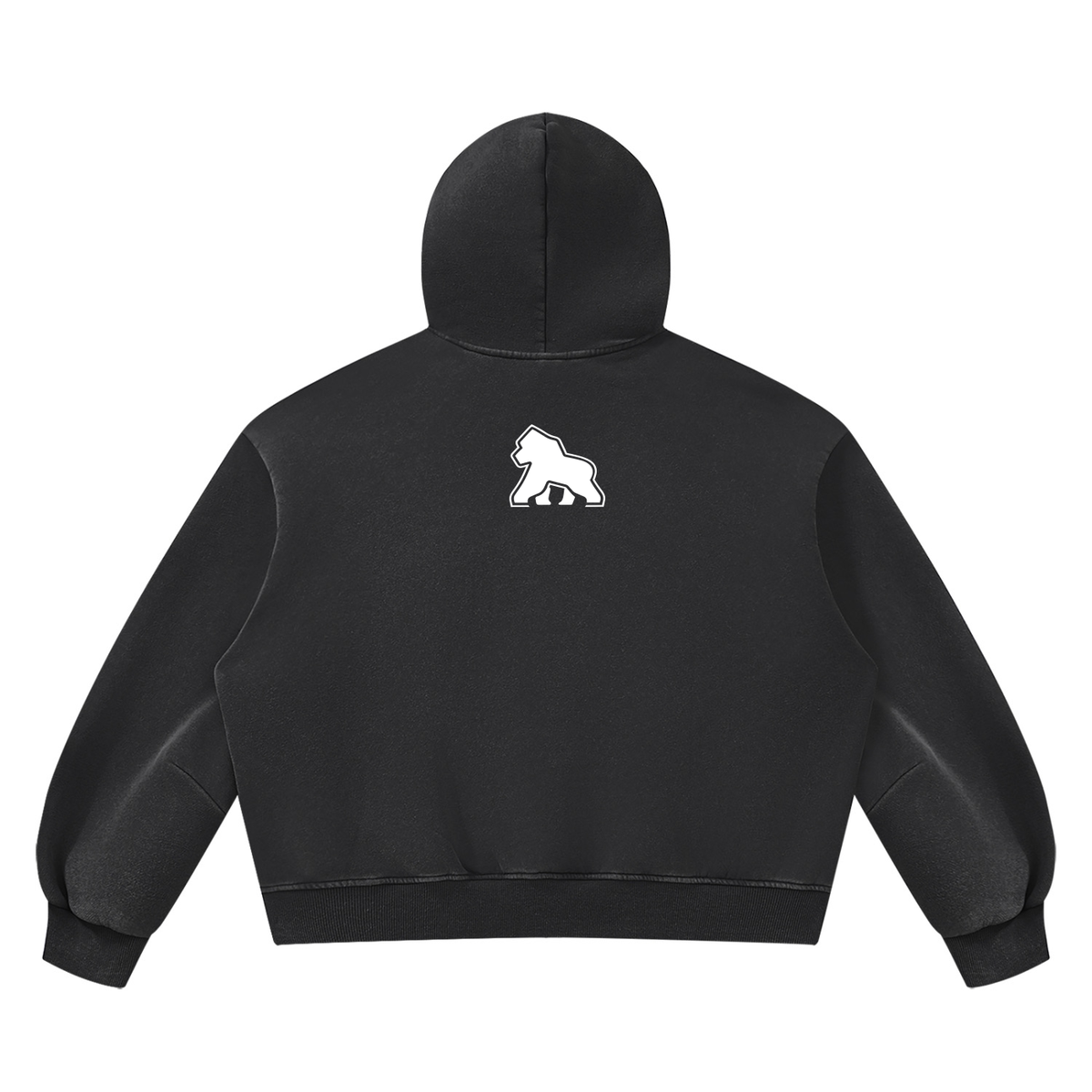 Black FIT APE vintage-wash boxy hoodie with white gorilla, back view