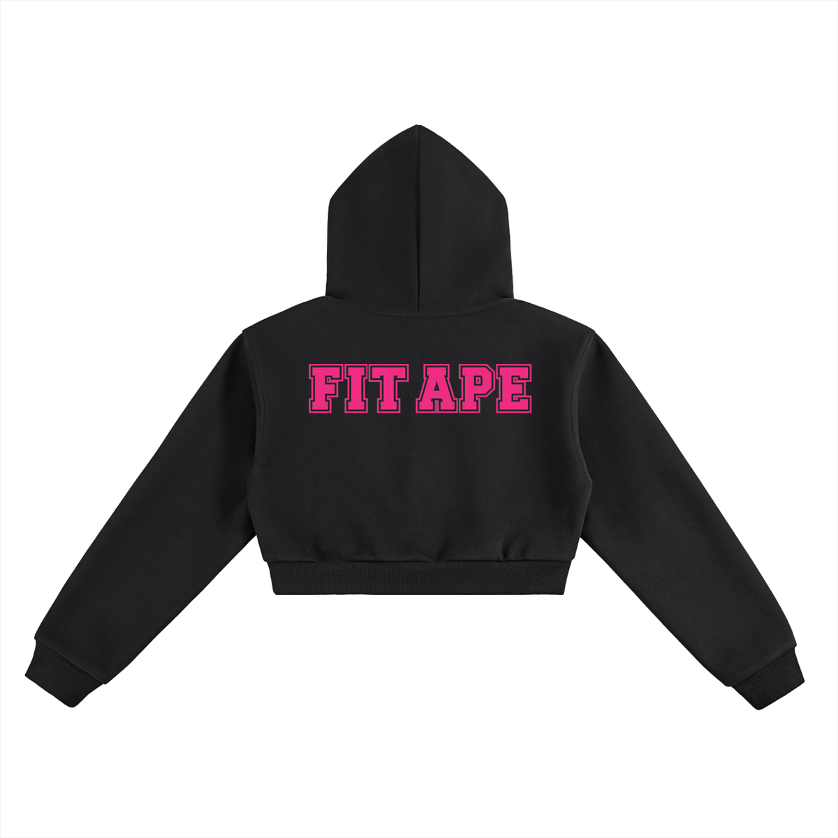 Black FIT APE cropped hoodie with large pink lettering, back flat lay