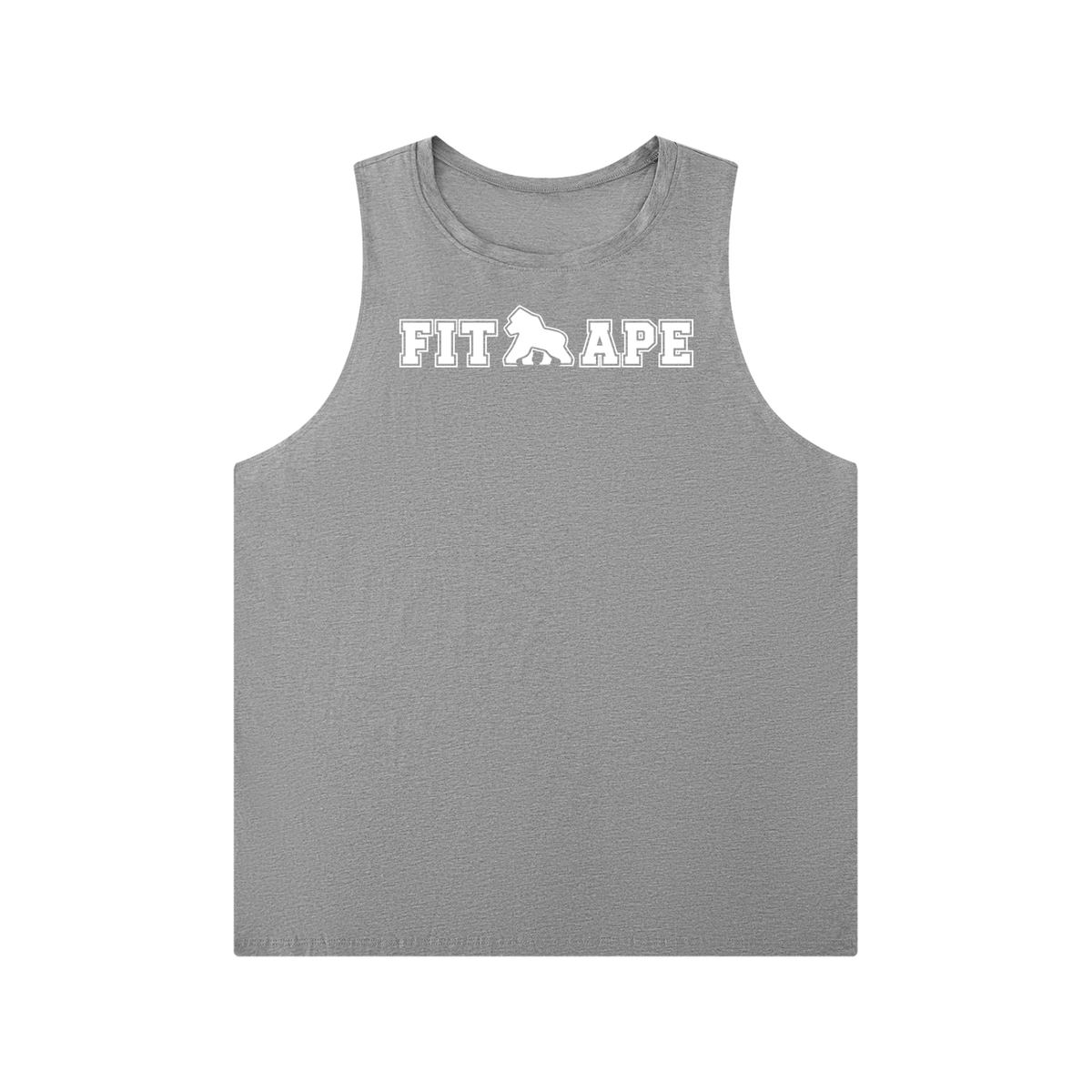 Gray FIT APE men's crewneck tank top with white chest lettering, front view