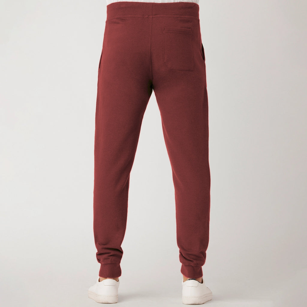 FIT APE men's premium fleece joggers in uakari red - back view with back pocket