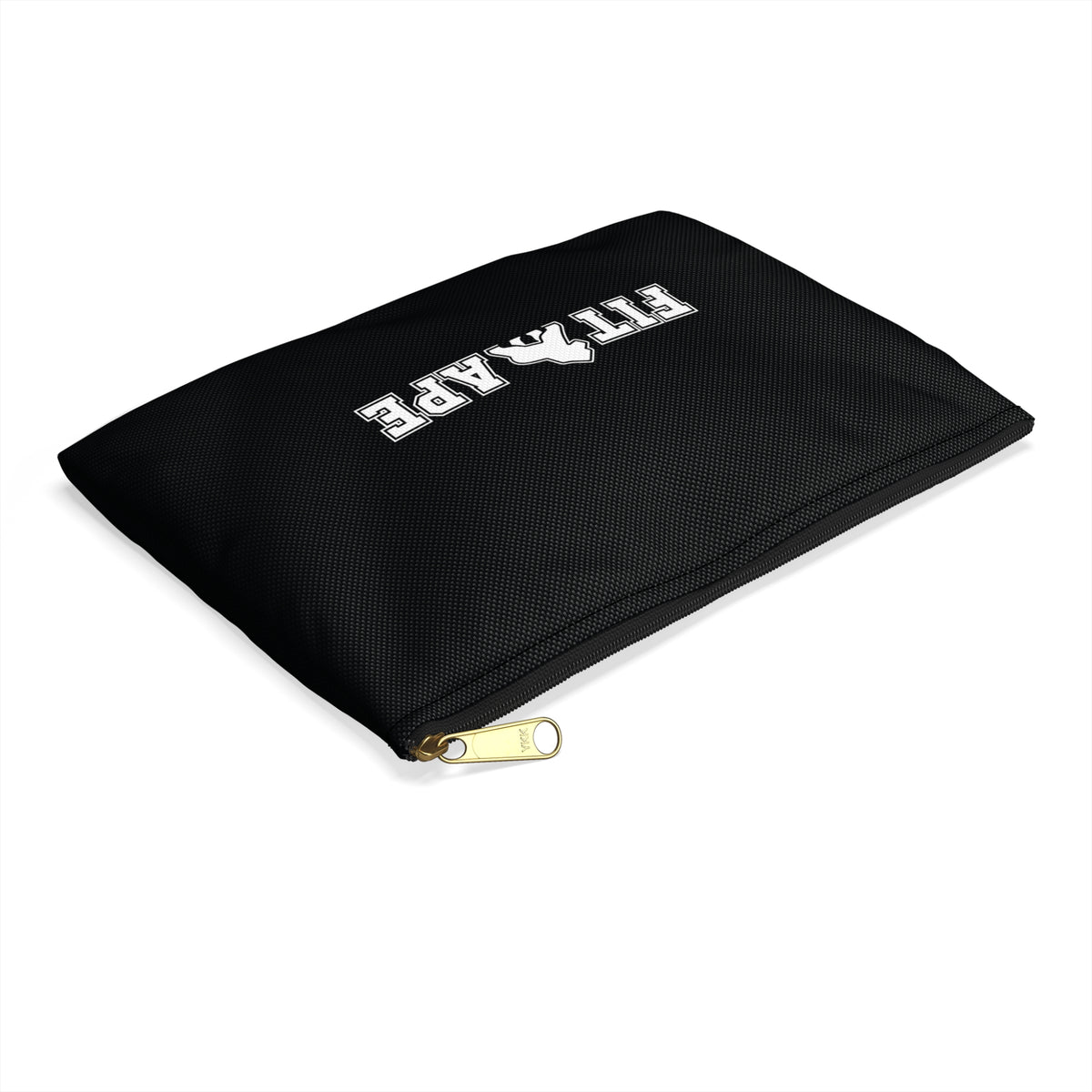 Angled view of the black FIT APE Gym Organizer Pouch with white front logo and gold-tone zipper pull.