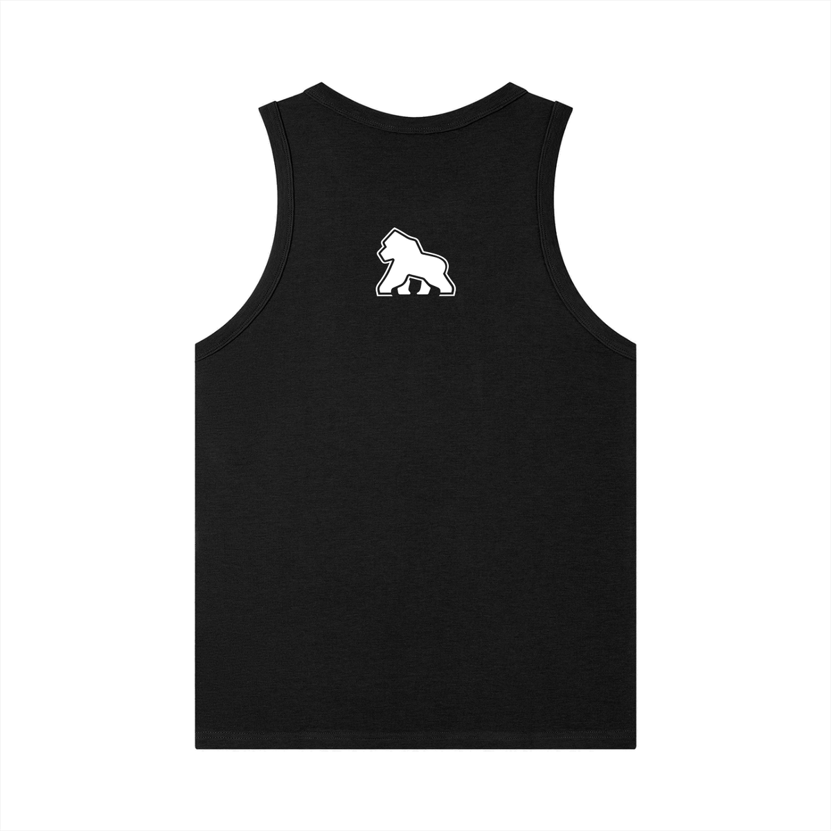 Black FIT APE men's ribbed tank top with white upper-back gorilla, back view