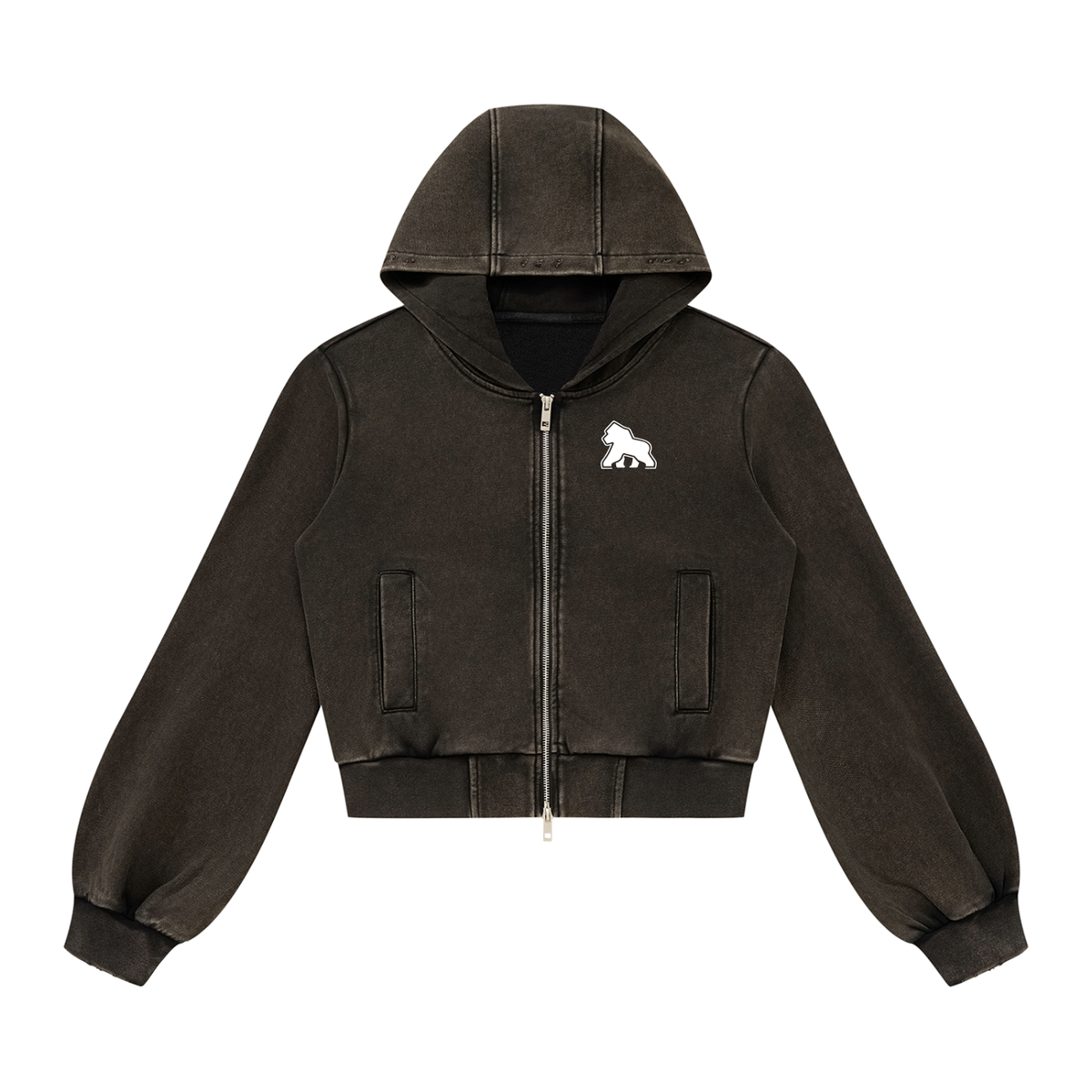 Washed dark brown FIT APE women's zip hoodie with white chest gorilla, front view
