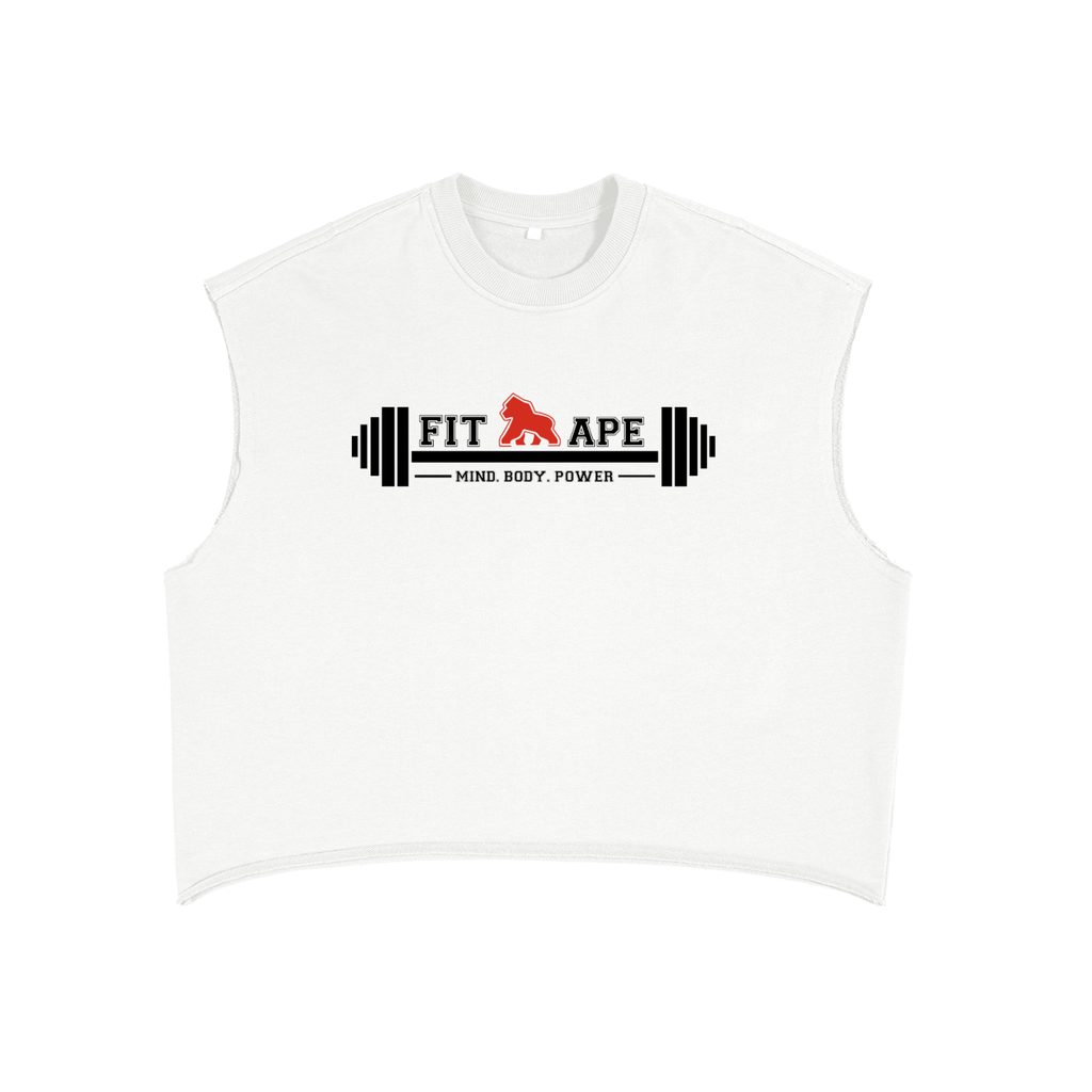 White FIT APE BIG APE tank top with black barbell graphic and red gorilla, front view