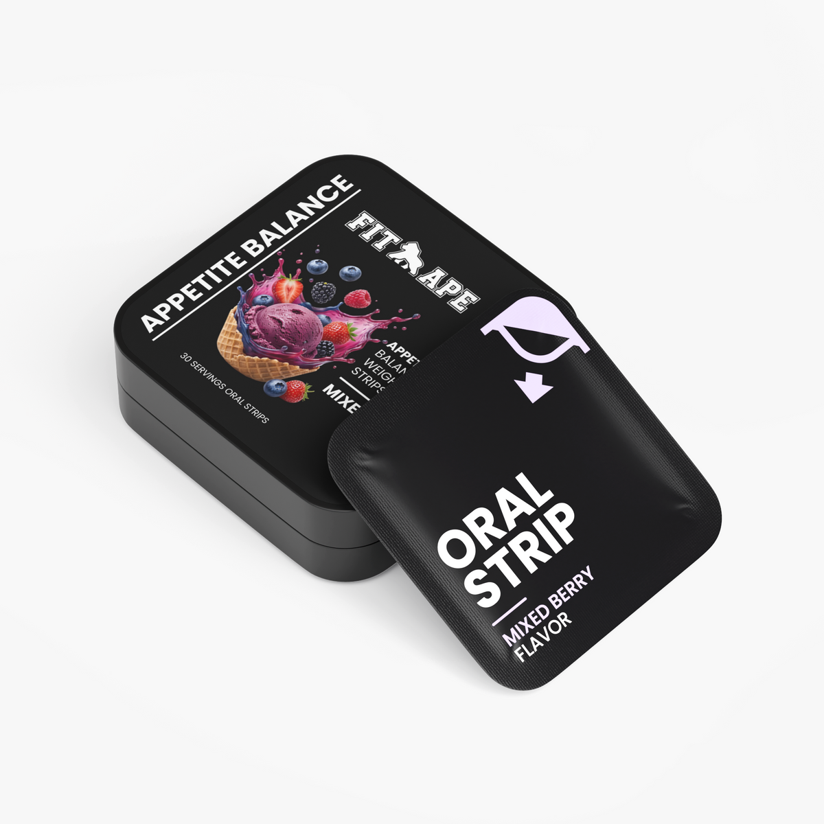 FIT APE Mixed Berry Appetite Balance tin with an oral strip packet, angled view