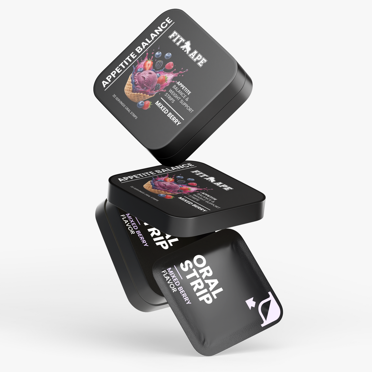 Stacked FIT APE Mixed Berry Appetite Balance tins with an oral strip packet