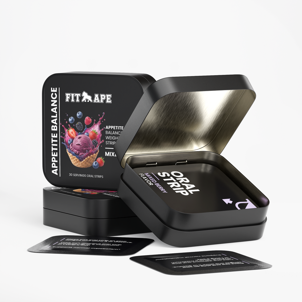 FIT APE Appetite Balance tins and individual oral strip packets arranged together