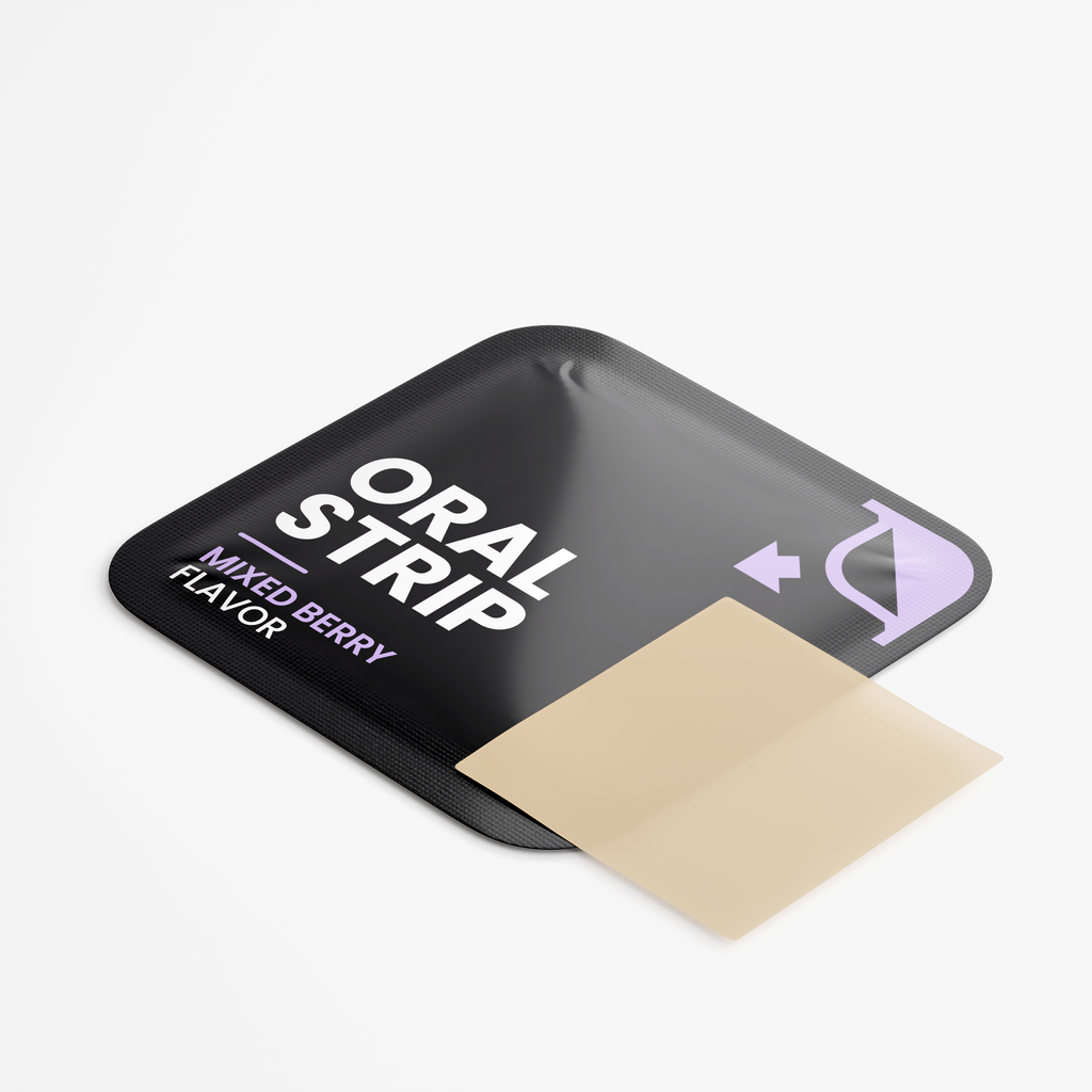 FIT APE Mixed Berry oral strip packet beside a pale dissolvable strip