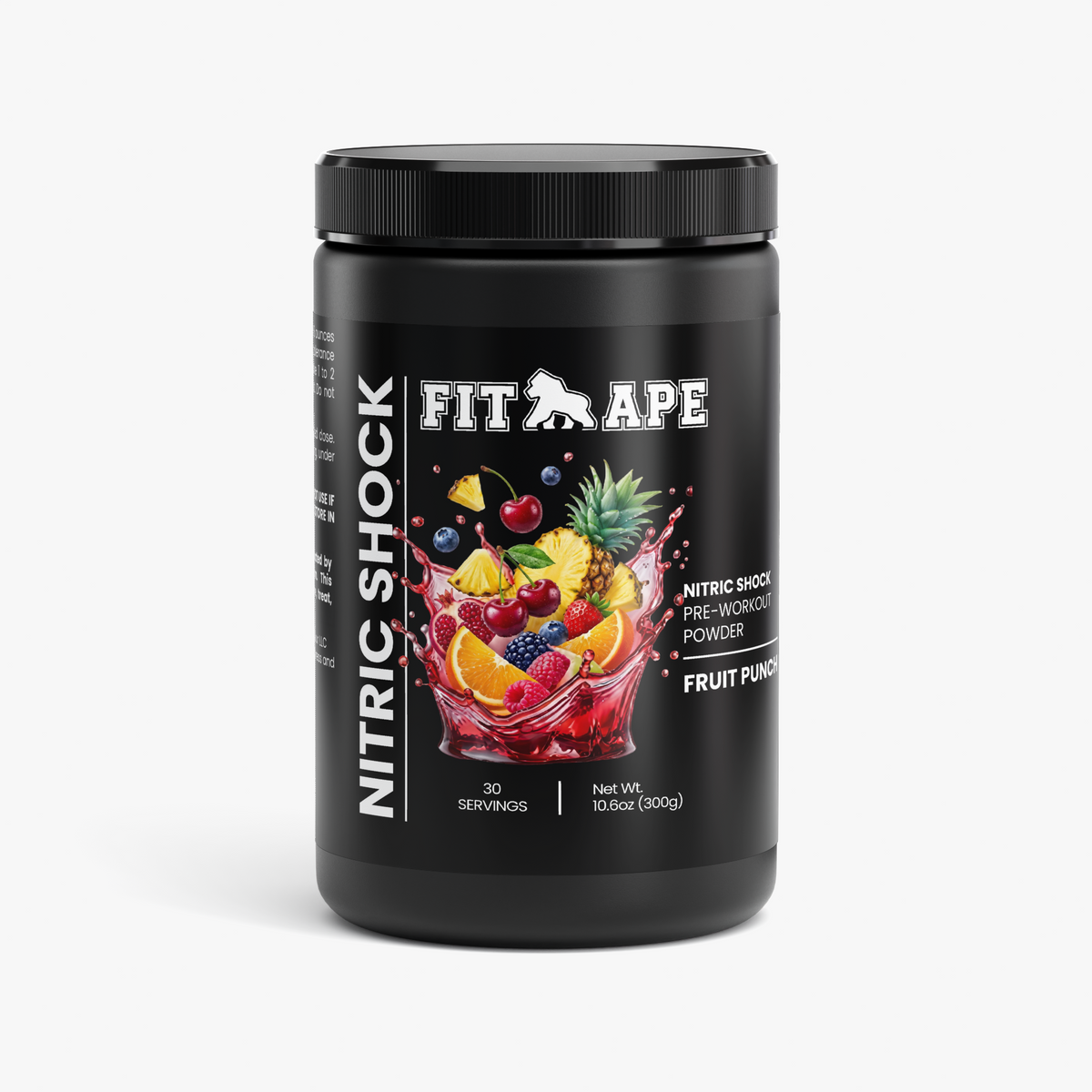 Black tub of FIT APE Fruit Punch Nitric Shock Pre-Workout Powder, front label
