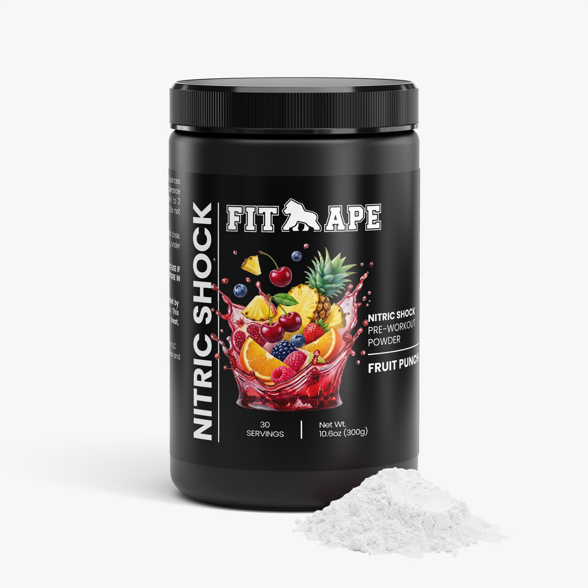 FIT APE Fruit Punch Nitric Shock Pre-Workout tub beside loose powder
