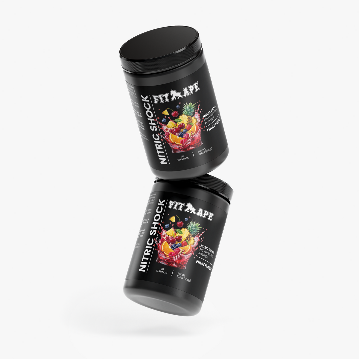 Two FIT APE Fruit Punch Nitric Shock Pre-Workout tubs arranged at angles