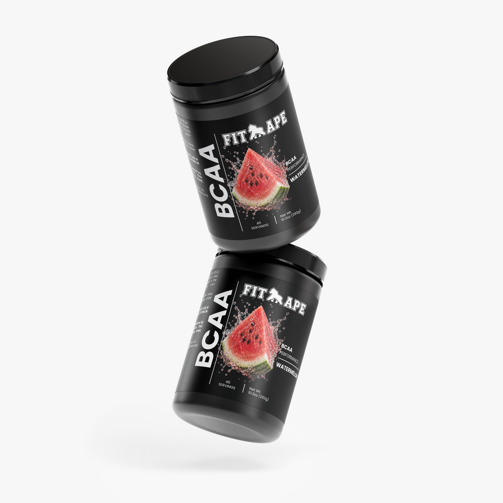 Two FIT APE Honeydew Watermelon BCAA Post Workout Powder tubs arranged at angles