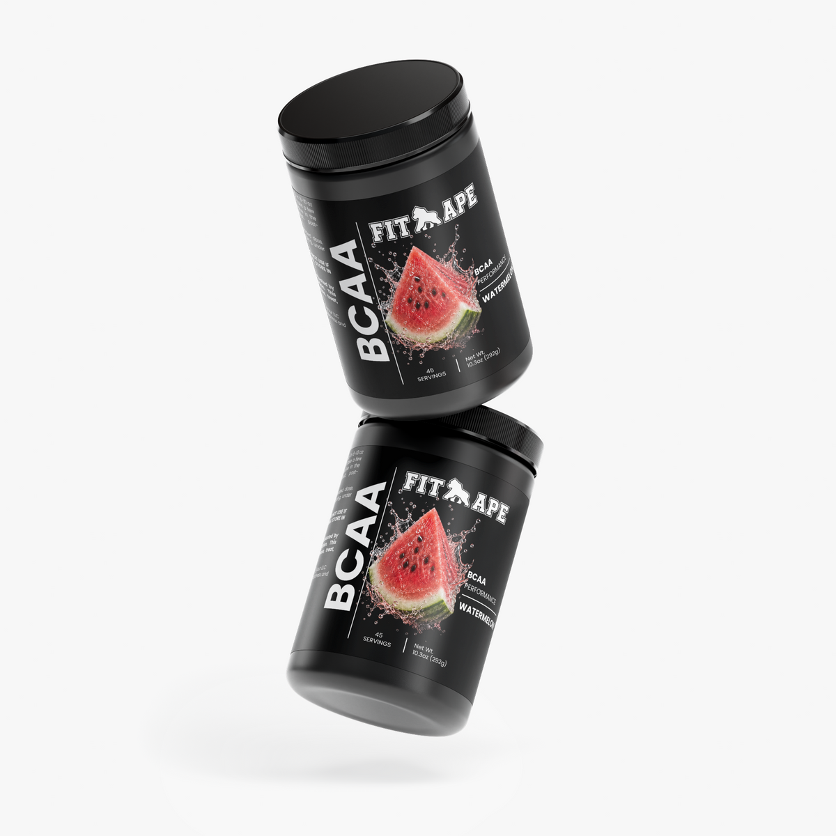 Two FIT APE Honeydew Watermelon BCAA Post Workout Powder tubs arranged at angles