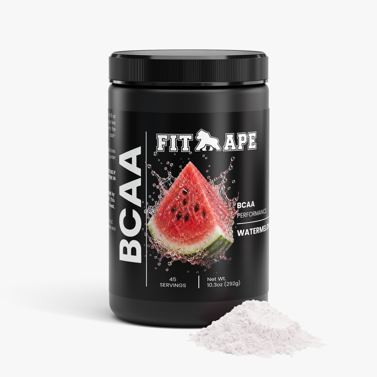 FIT APE Honeydew Watermelon BCAA Post Workout Powder tub beside loose powder