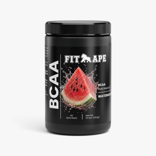 Black tub of FIT APE Honeydew Watermelon BCAA Post Workout Powder, front label
