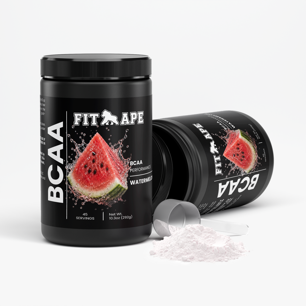 Two FIT APE Honeydew Watermelon BCAA tubs with a scoop and loose powder