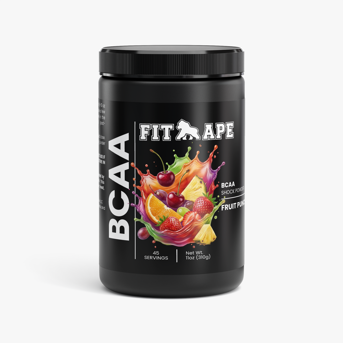 Black tub of FIT APE Fruit Punch BCAA Shock Powder, front label
