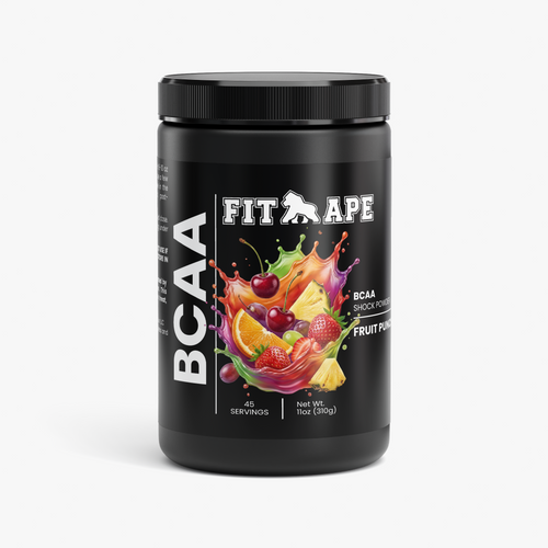 Black tub of FIT APE Fruit Punch BCAA Shock Powder, front label
