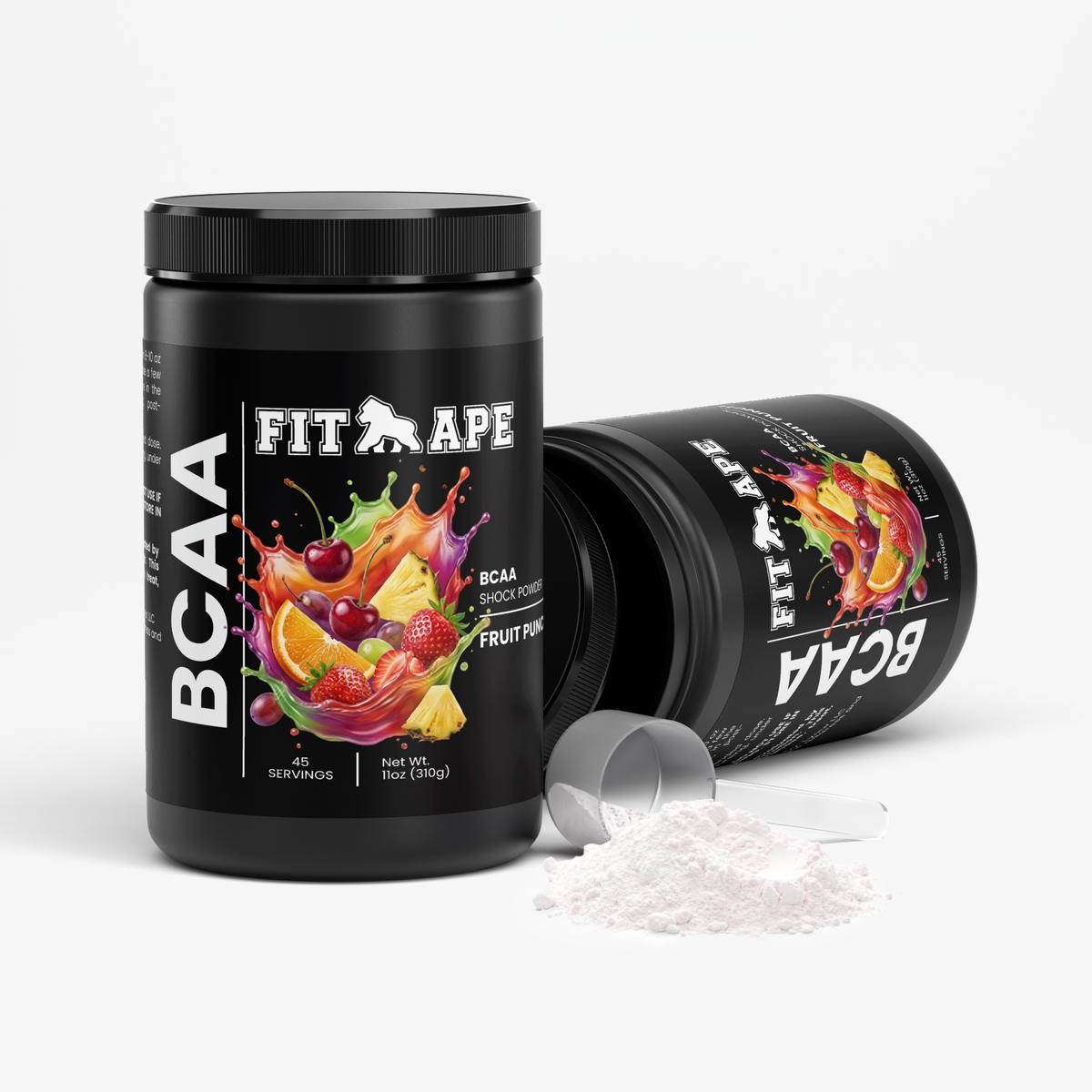 Two FIT APE Fruit Punch BCAA Shock Powder tubs with a scoop and loose powder