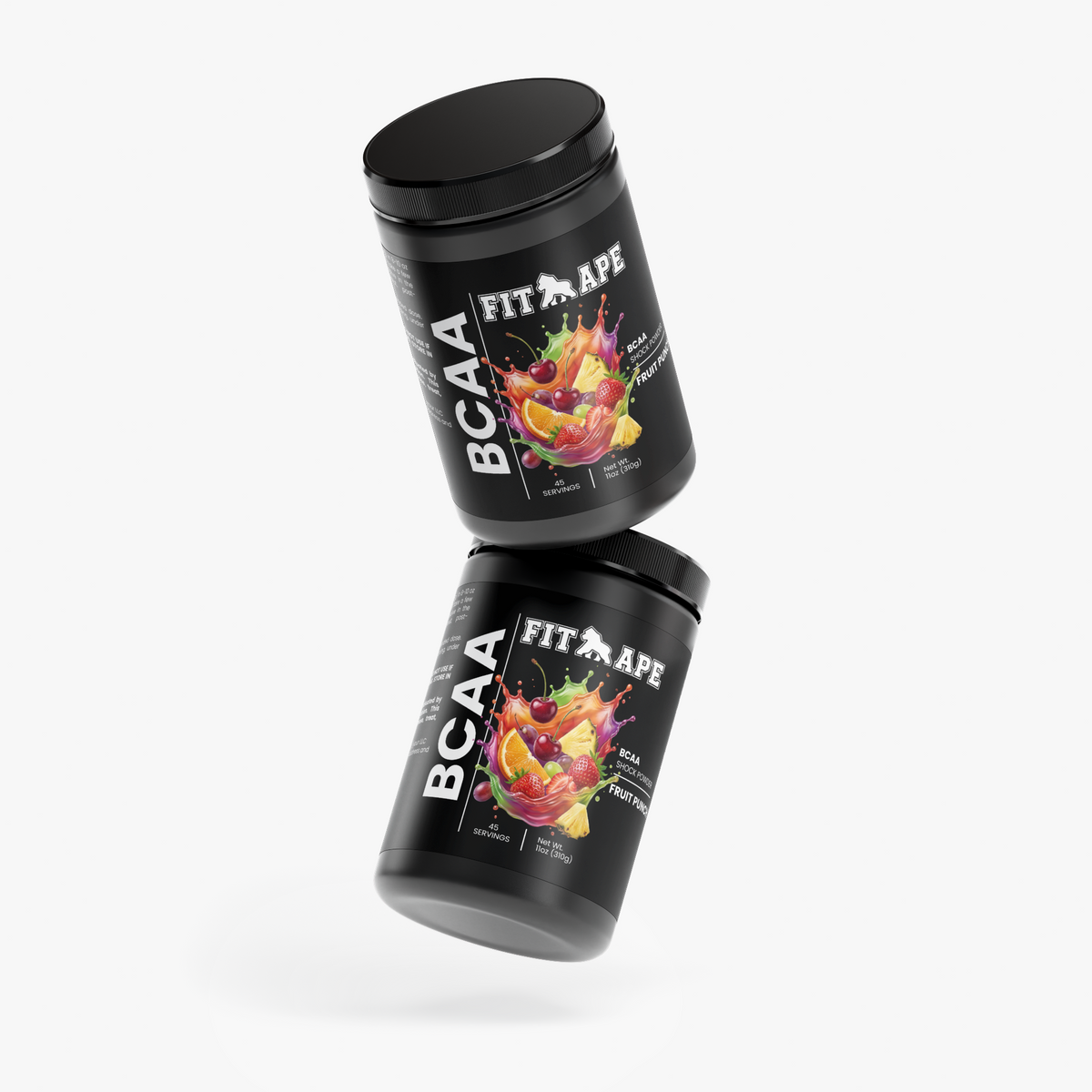 Two FIT APE Fruit Punch BCAA Shock Powder tubs arranged at angles