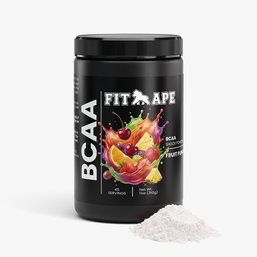 FIT APE Fruit Punch BCAA Shock Powder tub beside a mound of powder