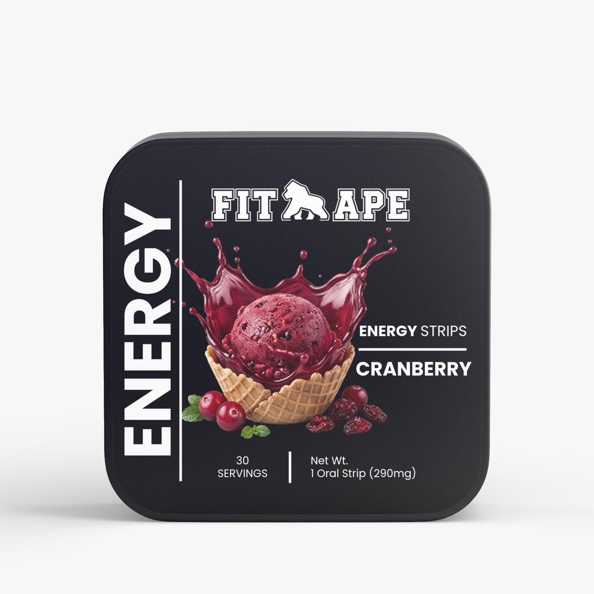 FIT APE Cranberry Energy Strips tin, front label