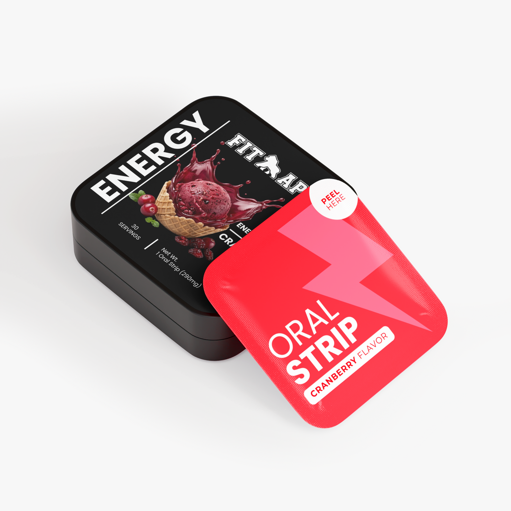 FIT APE Cranberry Energy Strips tin beside a red oral strip packet