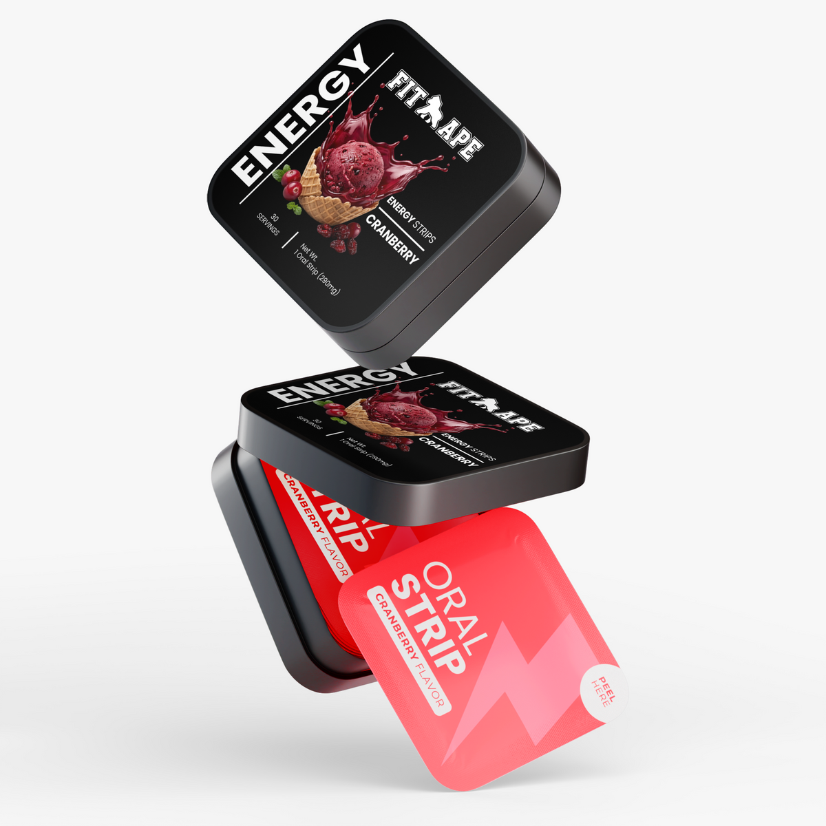 Stacked FIT APE Cranberry Energy Strips tins with a red oral strip packet