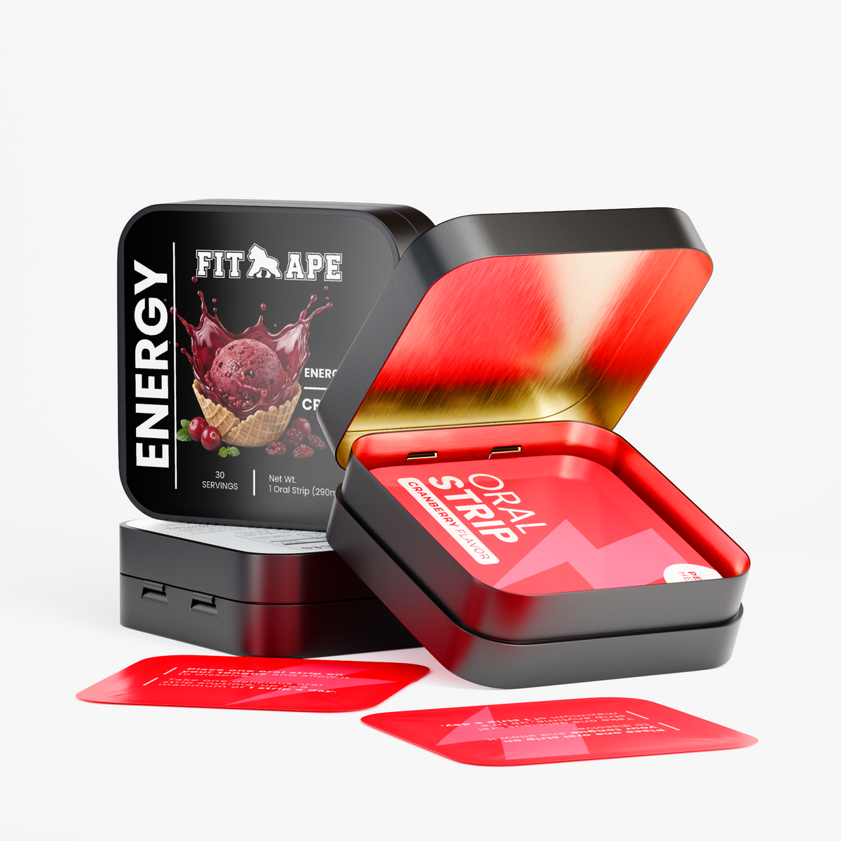 FIT APE Cranberry Energy Strips tins with red packets and an open tin