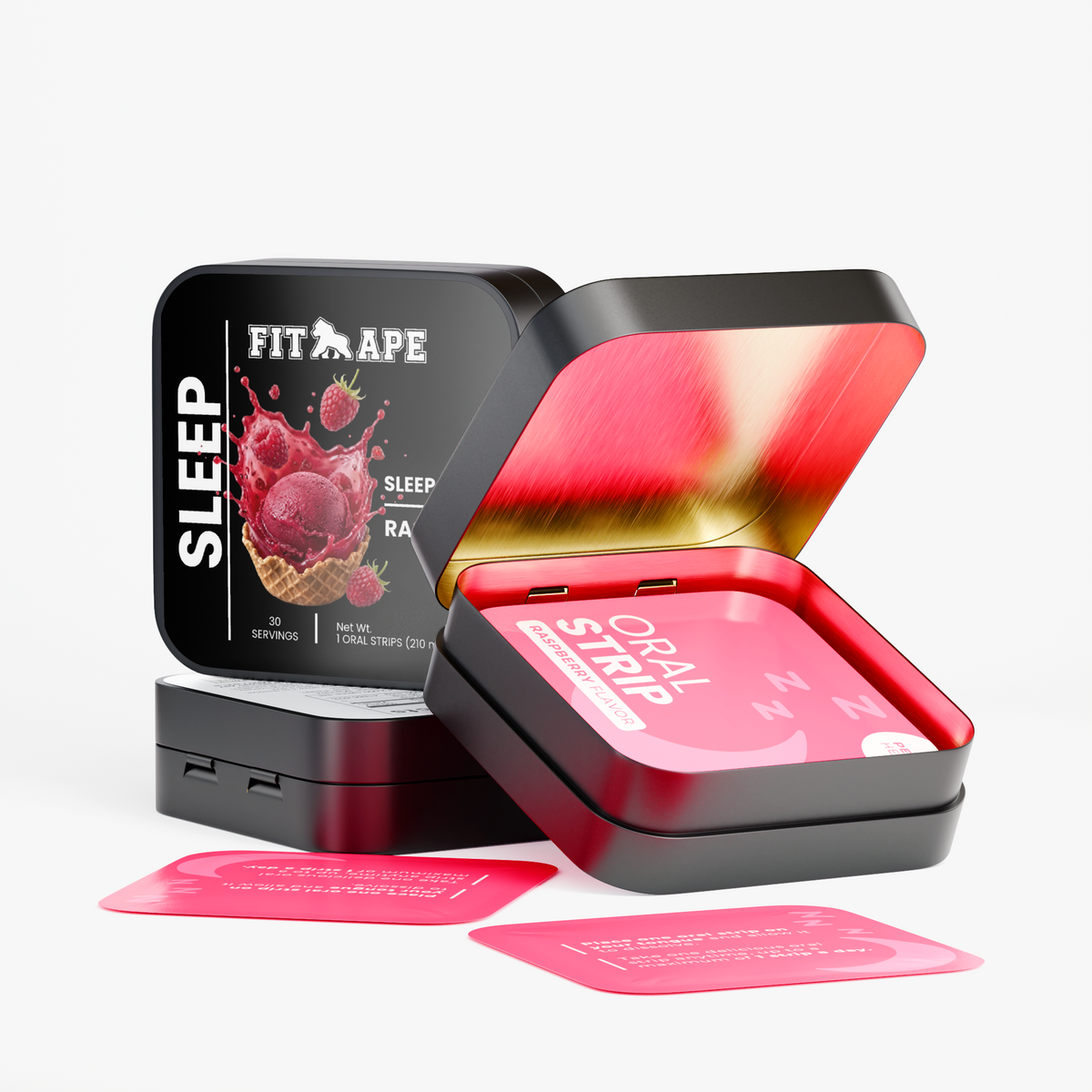 FIT APE Raspberry Sleep Strips tins with pink packets and an open tin