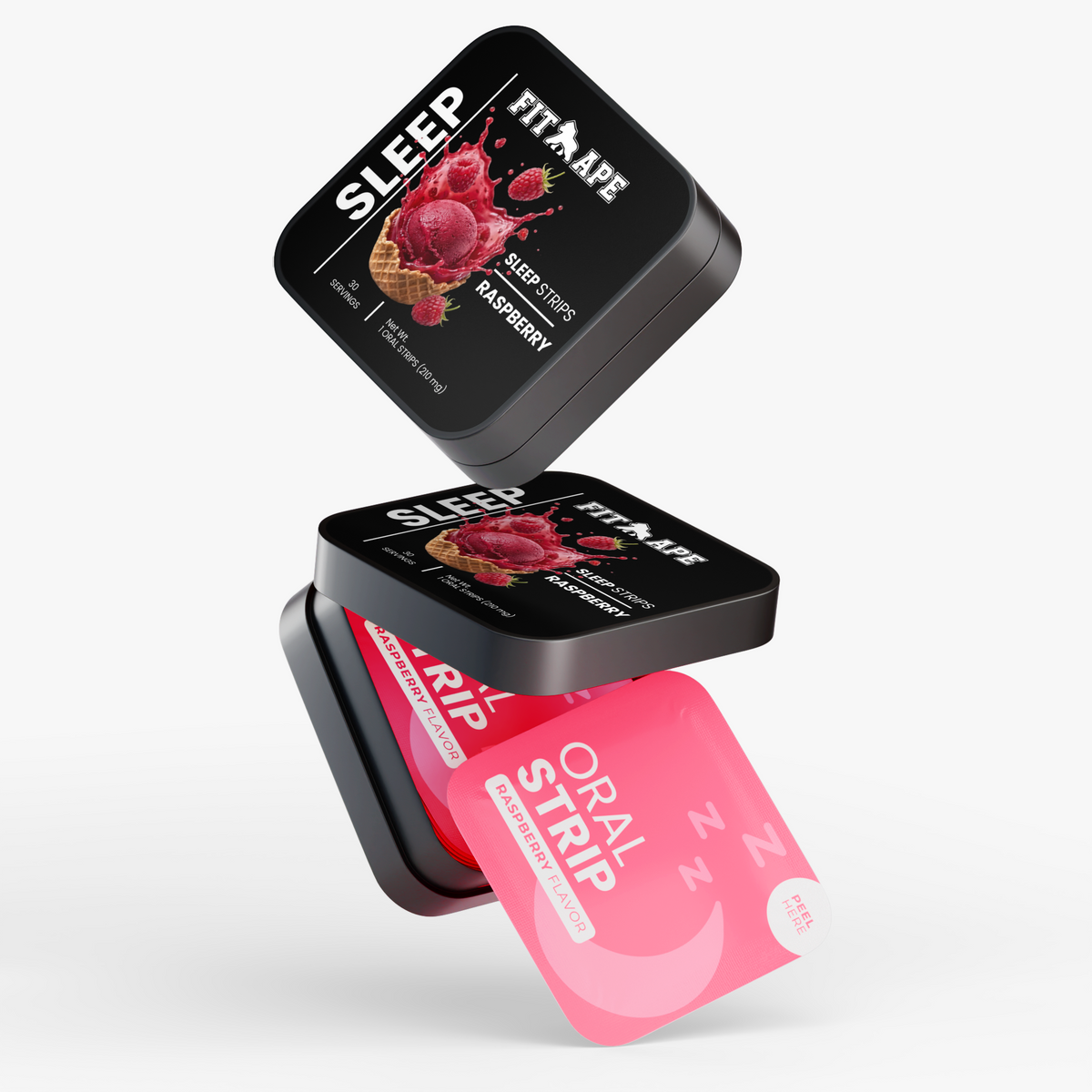 Stacked FIT APE Raspberry Sleep Strips tins with a pink oral strip packet