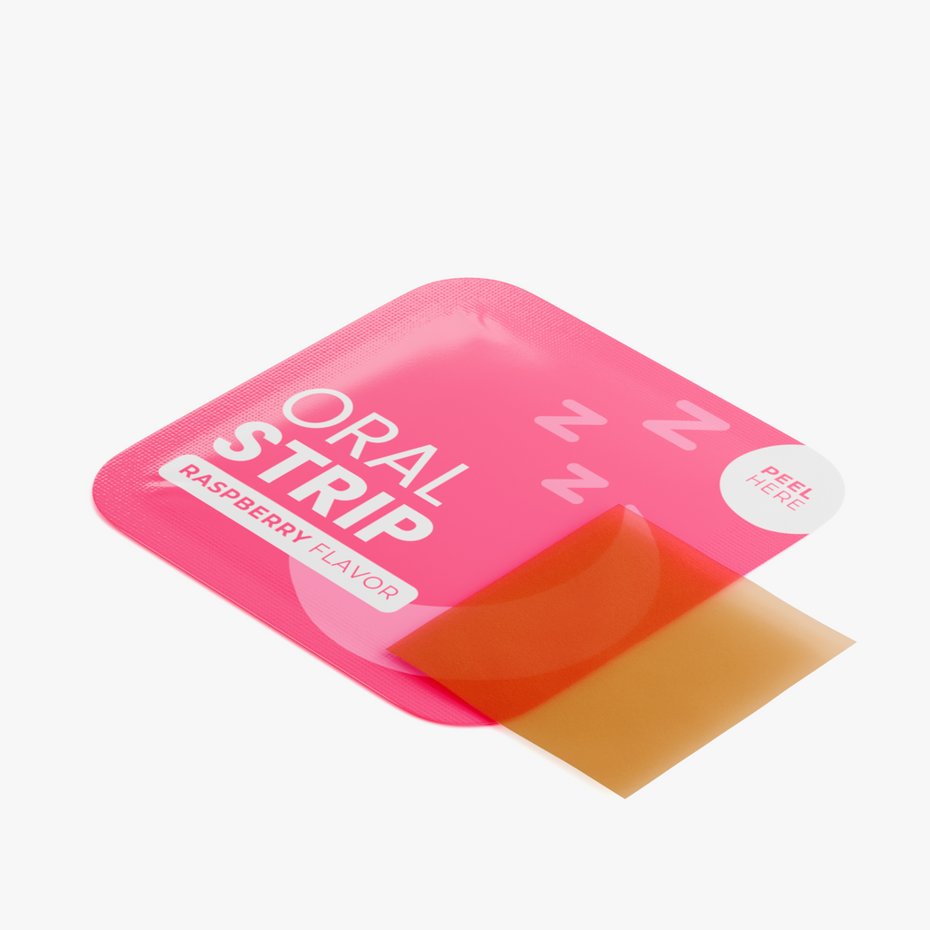 Pink FIT APE Raspberry Sleep Strips packet beside an amber oral strip