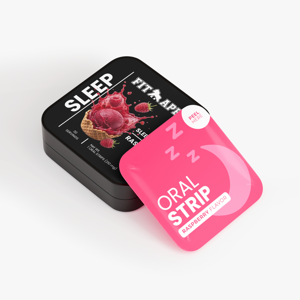 FIT APE Raspberry Sleep Strips tin beside a pink oral strip packet