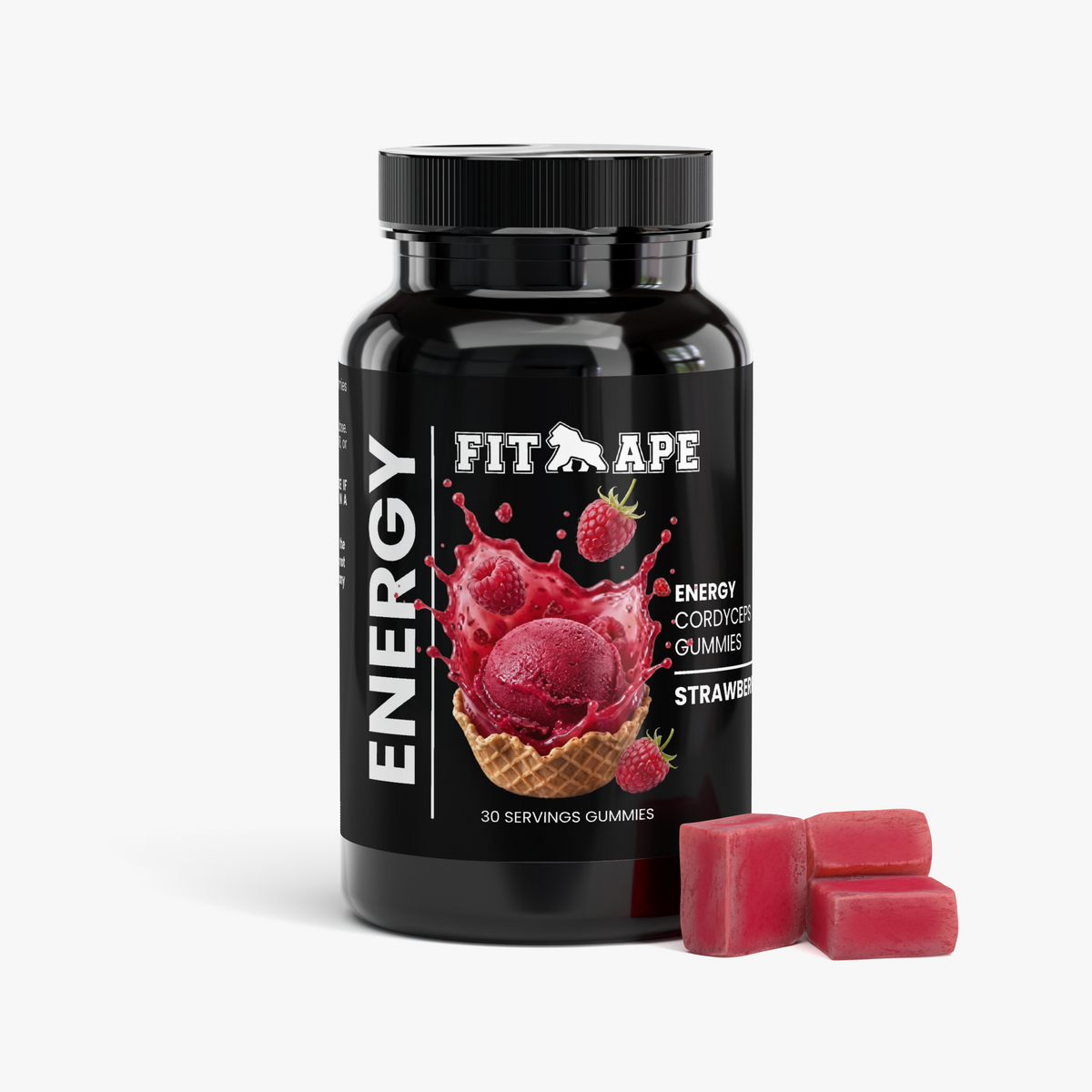FIT APE Cordyceps Energy Gummies bottle beside red gummies