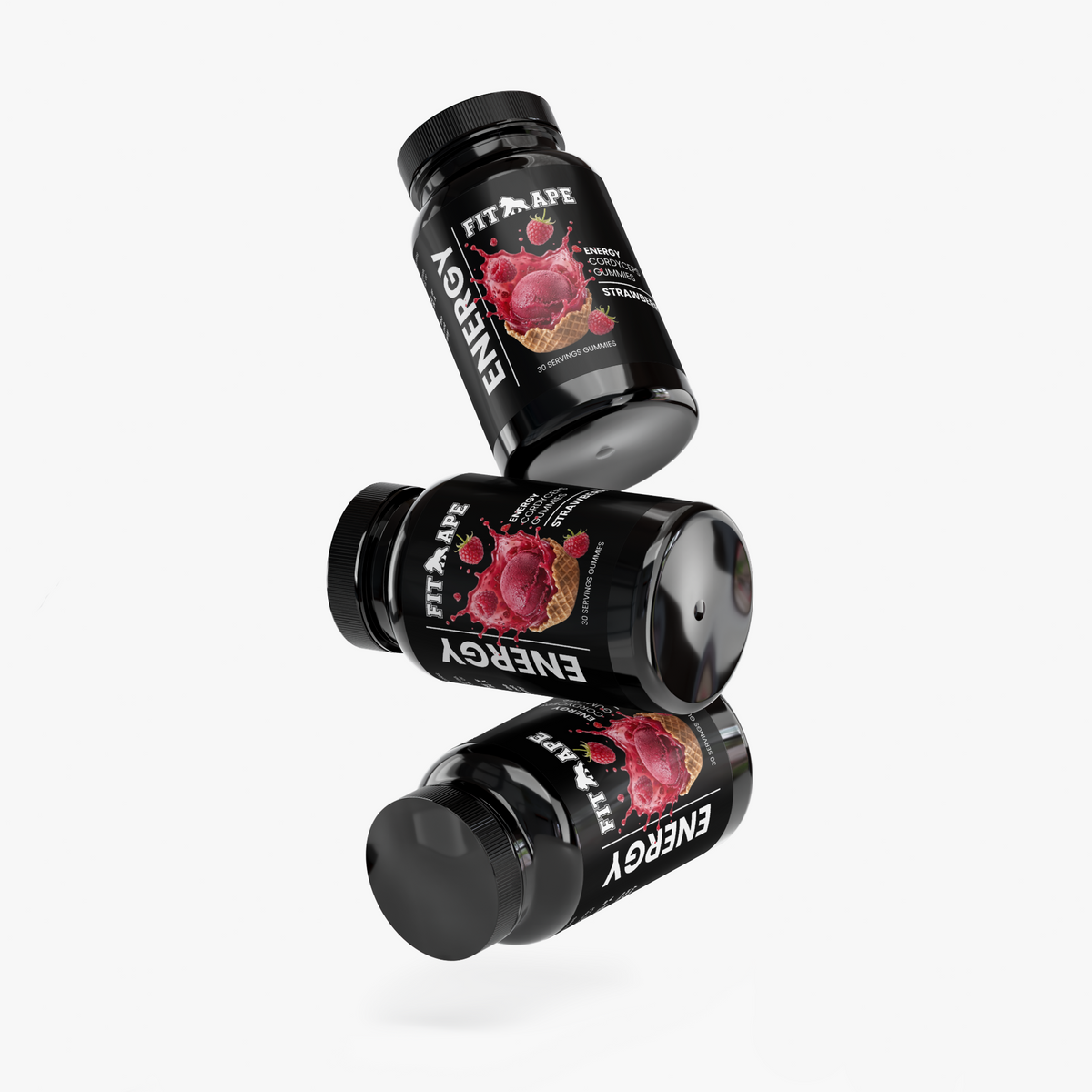 Three FIT APE Cordyceps Energy Gummies bottles arranged at angles