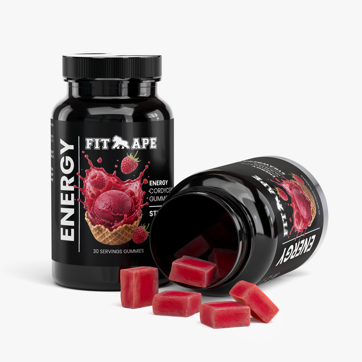 Two FIT APE Cordyceps Energy Gummies bottles with red gummies spilling from an open bottle