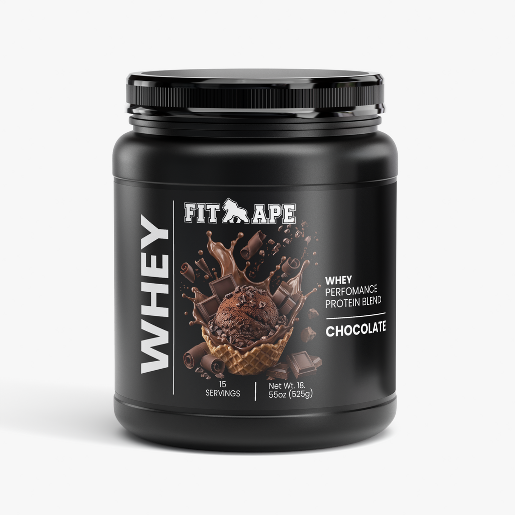 Black tub of FIT APE Chocolate Performance Whey Protein Blend, front label