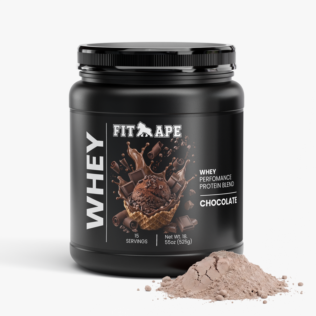 FIT APE Chocolate Performance Whey Protein Blend tub beside a mound of powder