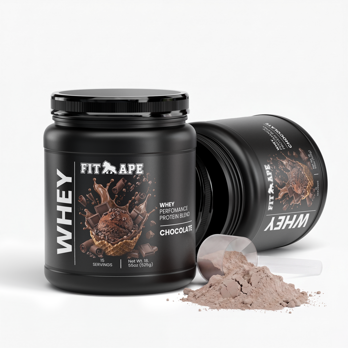 Two FIT APE chocolate whey tubs with a scoop and loose powder