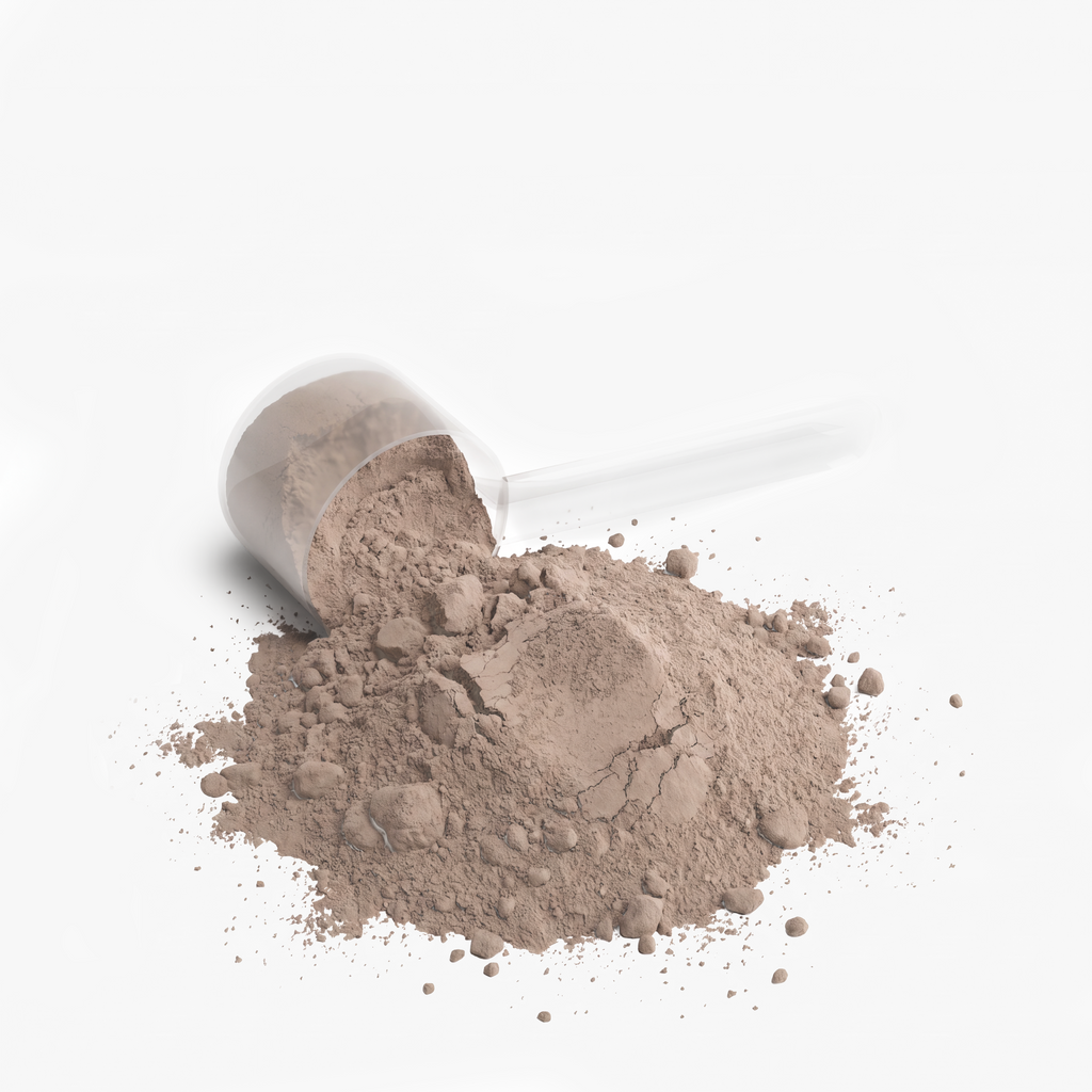 Close-up of chocolate whey powder spilling from a measuring scoop