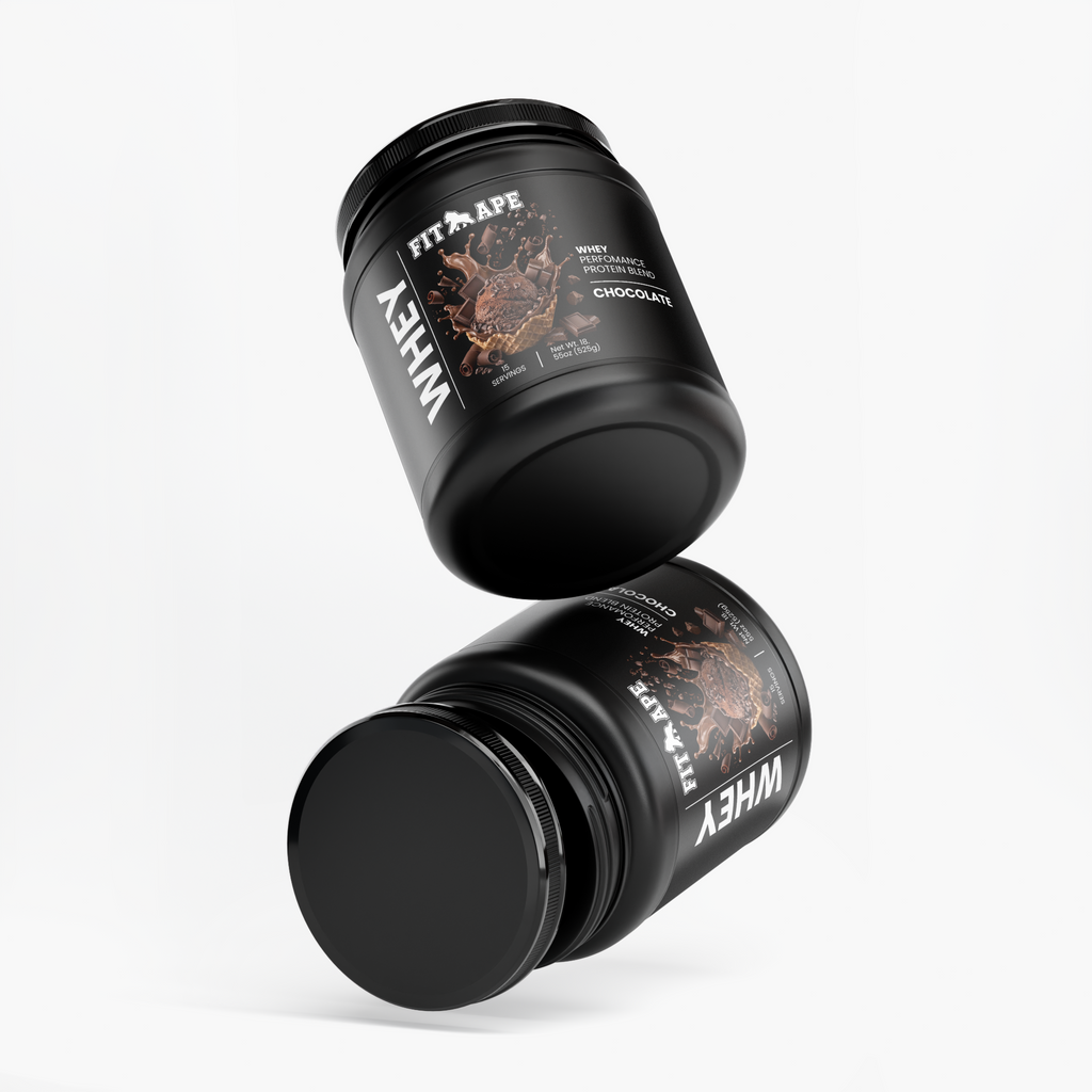 Two FIT APE Chocolate Performance Whey Protein Blend tubs arranged at angles