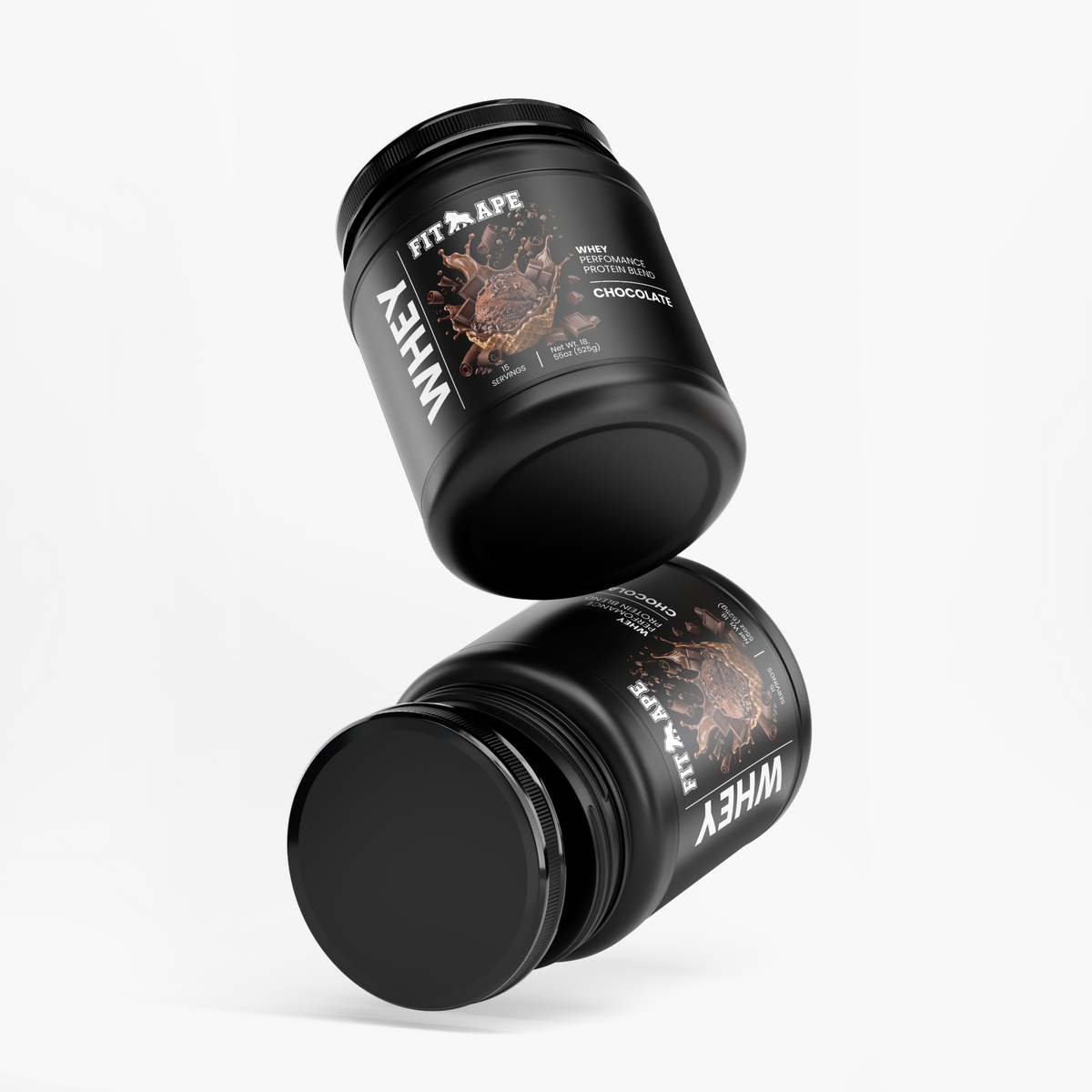 Two FIT APE Chocolate Performance Whey Protein Blend tubs arranged at angles