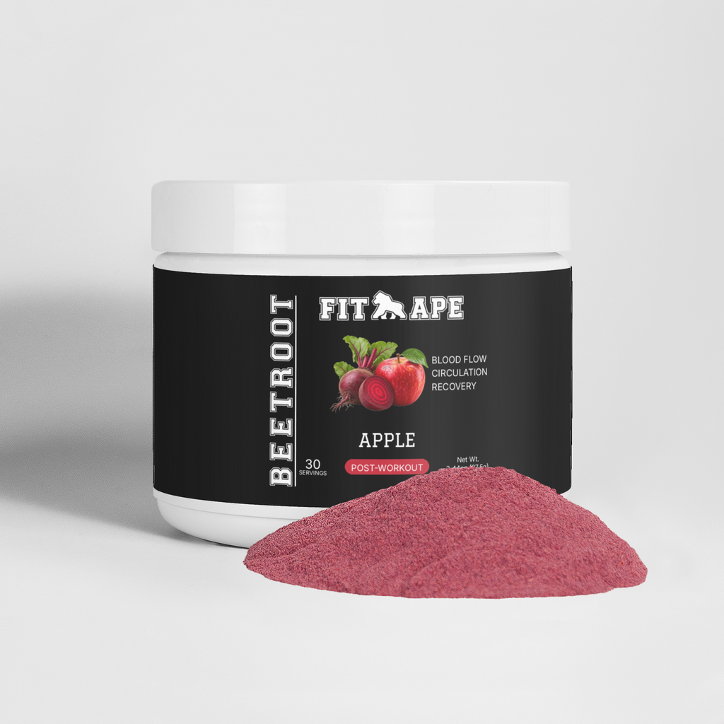 FIT APE Apple Beetroot Powder tub beside a mound of red-purple powder