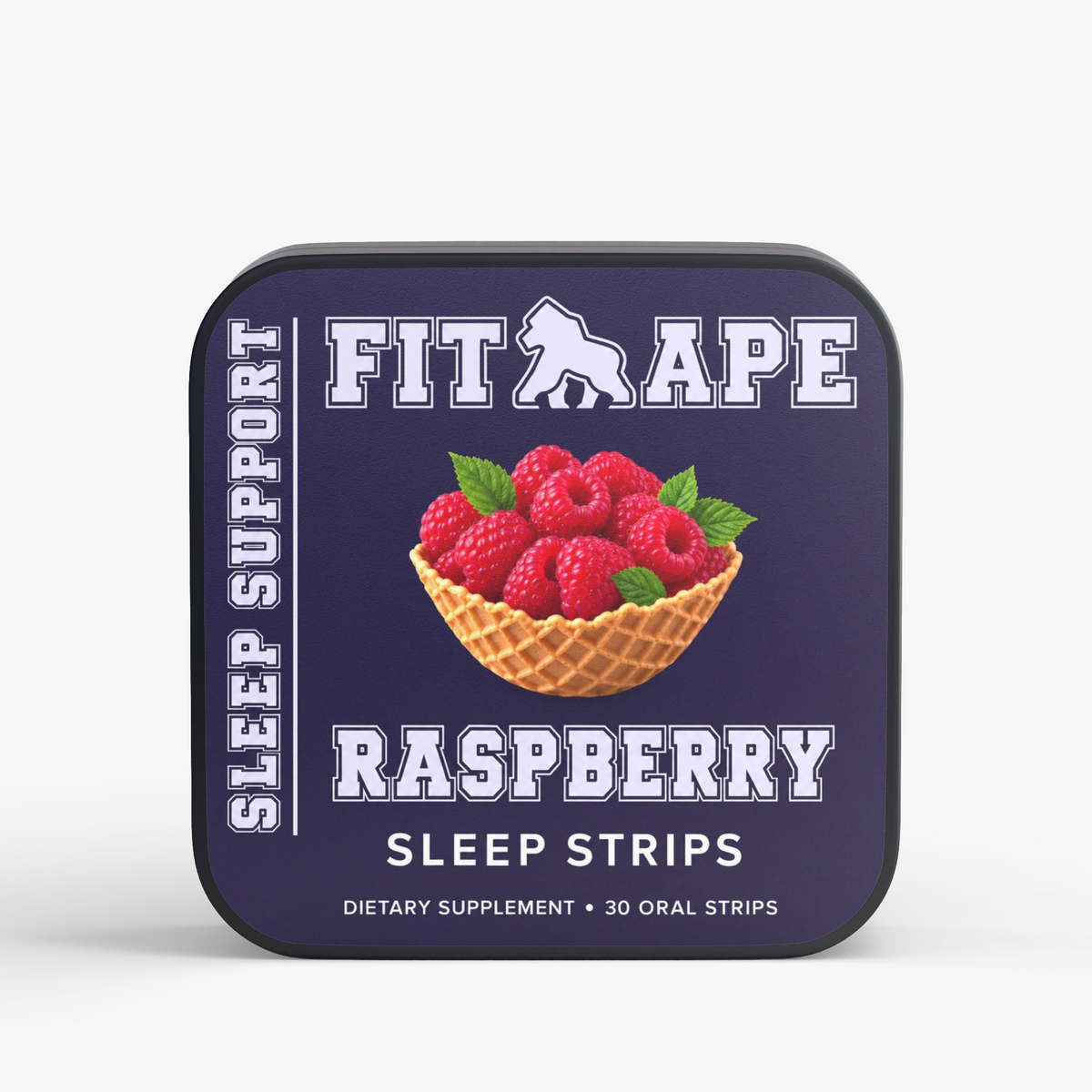FIT APE Raspberry Sleep Strips tin with raspberry basket label
