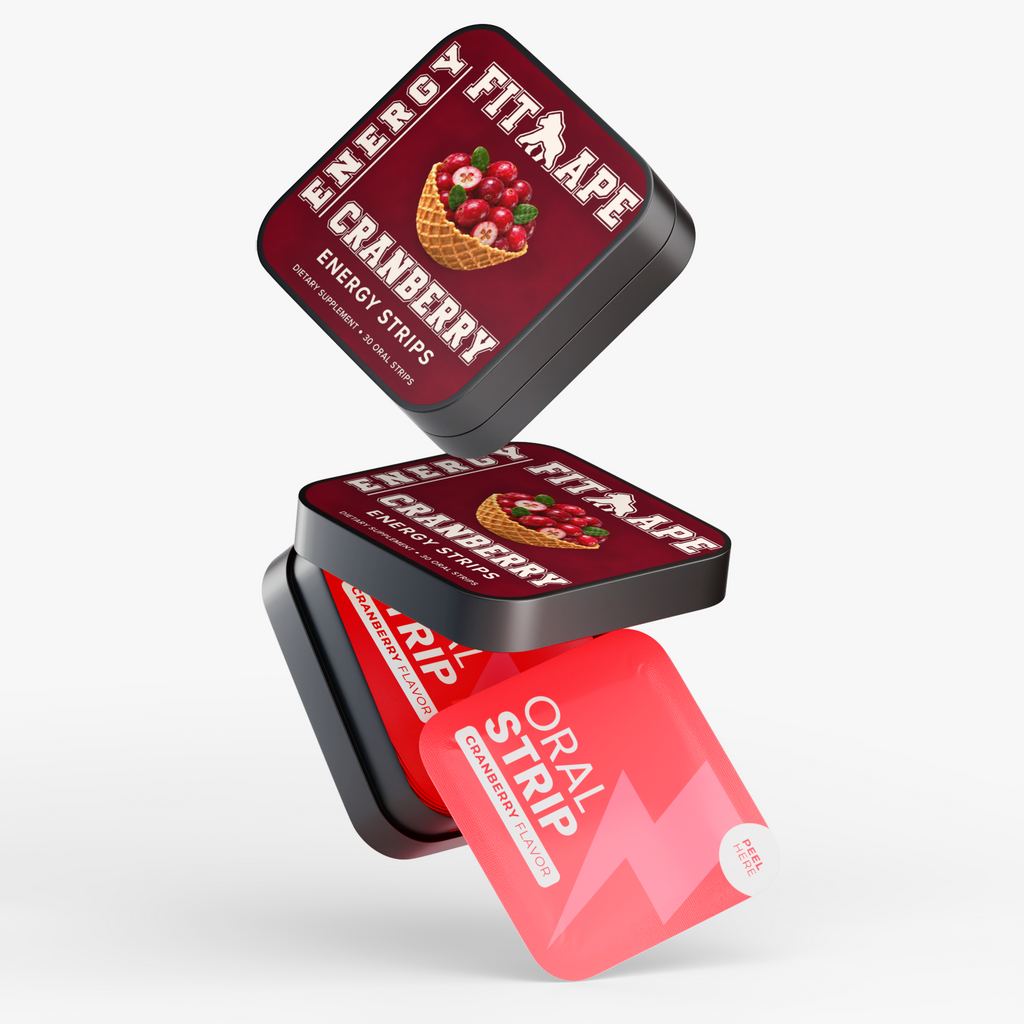 Stacked FIT APE Cranberry Energy Strips tins with a red oral strip packet