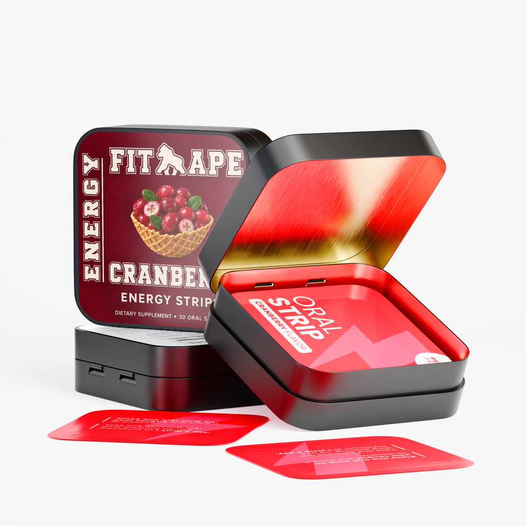 FIT APE Cranberry Energy Strips tins and red oral strip packets, including an open tin